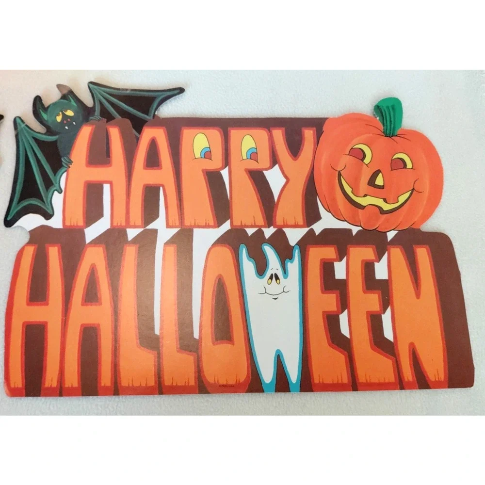 3 Vtg 1970s Eureka Halloween Die-Cut Cutout Decorations Owl/Ghosts/Bats/Pumpkins